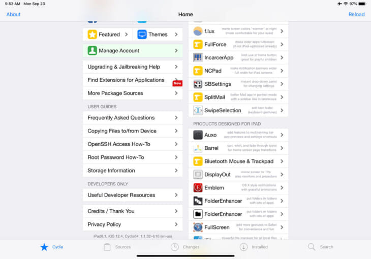 iPad Pro 11インチ iOS 12.4 Cydiaトップ